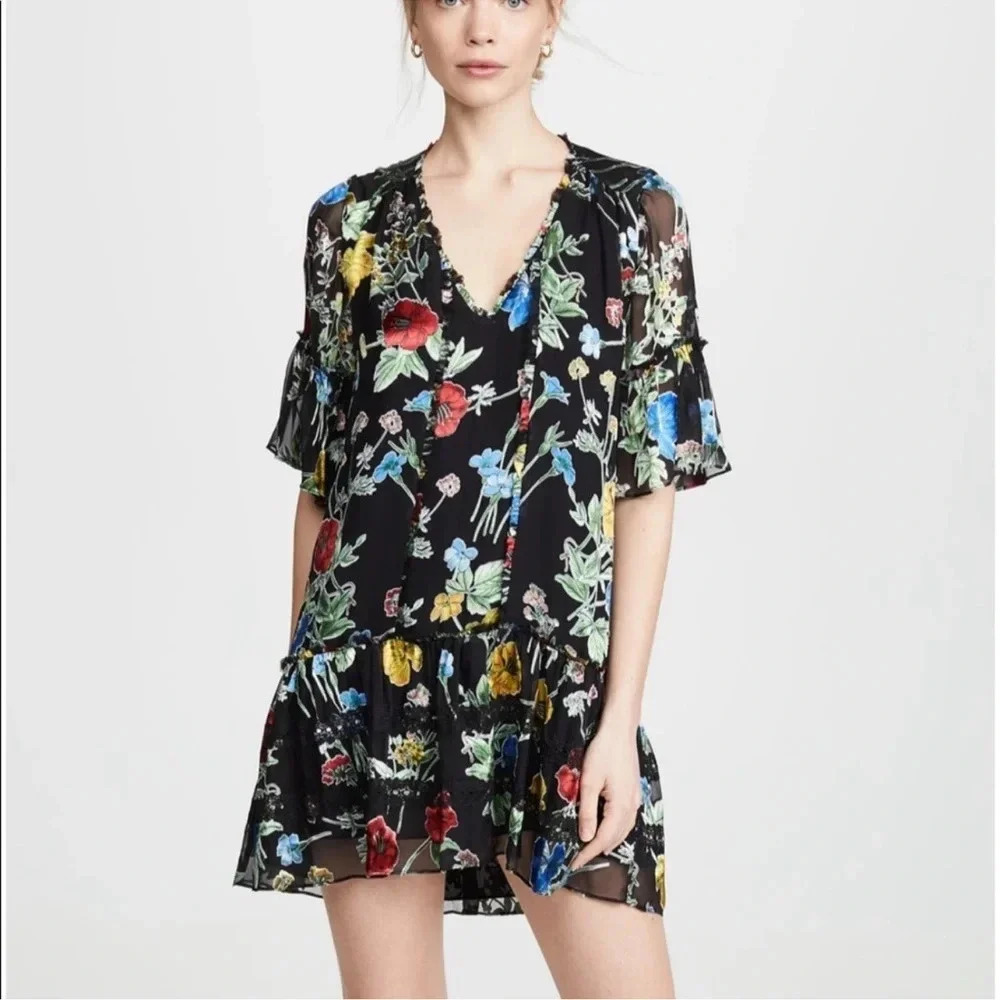 602* Alice + Olivia Pauline Floral Print Ruffle Tunic Mini Dress Size Small - Picture 3 of 9